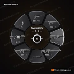Monolith FiveM-compatible weapon wheel, brutalist concrete slabs with deep shadow gaps and a single accent edge