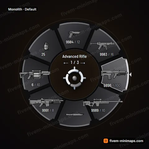 Monolith FiveM weapon wheel, brutalist concrete slabs with deep shadow gaps and a single accent edge