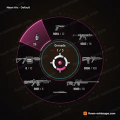 Neon Arc FiveM-compatible weapon wheel, split neon tubes, synth glow, dotted orbit