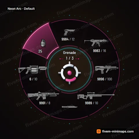 Neon Arc FiveM weapon wheel, split neon tubes, synth glow, dotted orbit