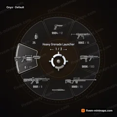 Onyx FiveM-compatible weapon wheel, polished black glass, fine ticks, crisp edge light