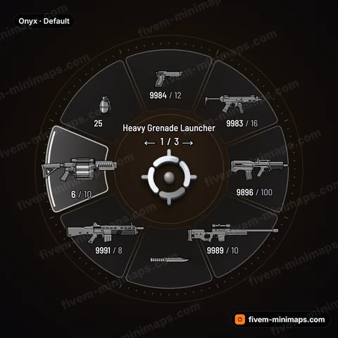 Onyx FiveM weapon wheel, polished black glass, fine ticks, crisp edge light