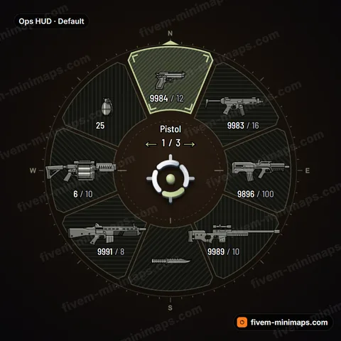Ops HUD FiveM weapon wheel, stencil hatch, compass ring, range-finder brackets