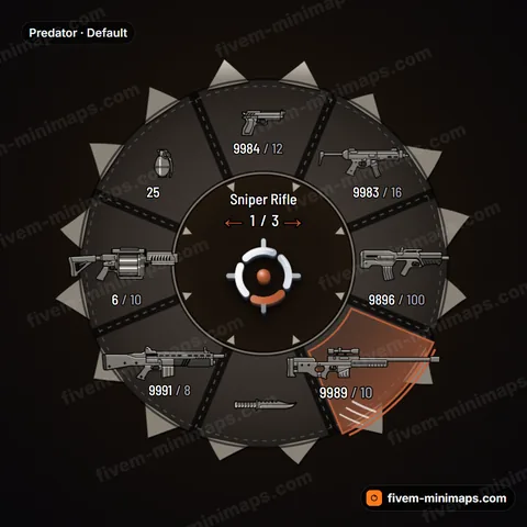 Predator FiveM weapon wheel, hide panels with stitched seams, bone fangs and claw-slash selection