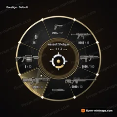 Prestige FiveM-compatible weapon wheel, black marble with gold veins, diamond-set bezel and faceted crystal selection