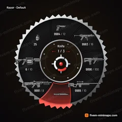 Razor FiveM-compatible weapon wheel, spinning saw blade rim, swept steel blades, bolted arbor hub