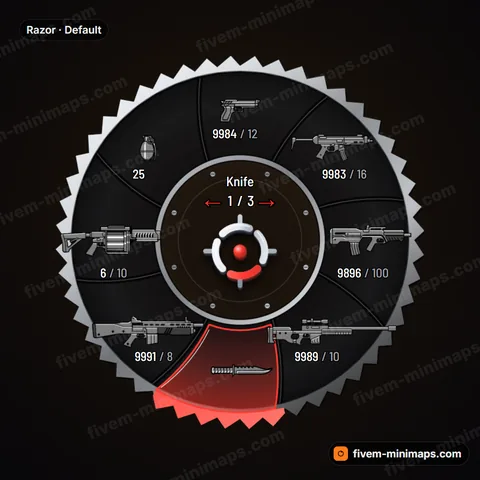 Razor FiveM weapon wheel, spinning saw blade rim, swept steel blades, bolted arbor hub
