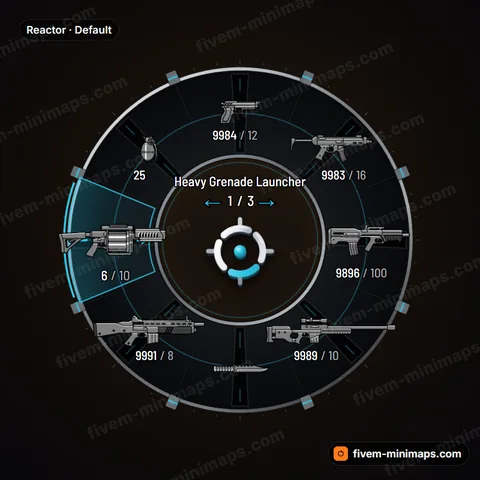 Reactor FiveM weapon wheel, machined core ring with recessed conduits and capacitor blocks
