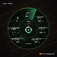 Recon FiveM-compatible weapon wheel, tactical radar screen, range rings, enemy blips and sweep-beam selection