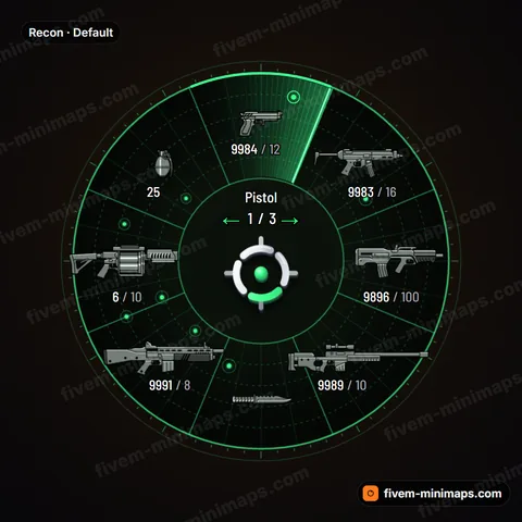 Recon FiveM weapon wheel, tactical radar screen, range rings, enemy blips and sweep-beam selection
