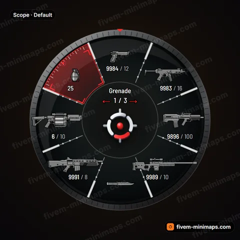 Scope FiveM weapon wheel, sniper optic housing, knurled ring, mil-dot reticle and range-finder selection