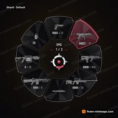 Shard FiveM-compatible weapon wheel, faceted glass panels cut apart, crisp edge light and cold reflections