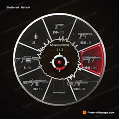 Shattered FiveM-compatible weapon wheel, forged metal frame, torn glass core, framed selection