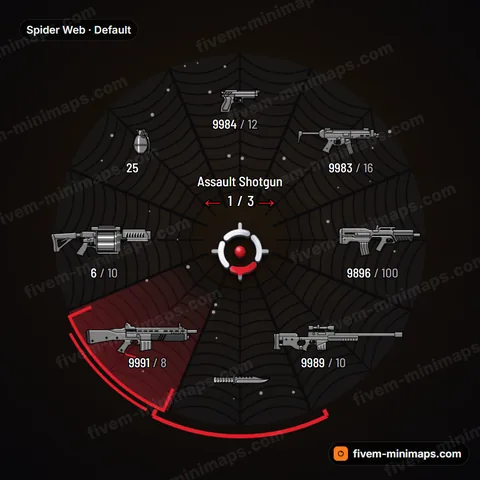 Spider Web FiveM weapon wheel, sagging silk threads, framed outer edge, chevron core