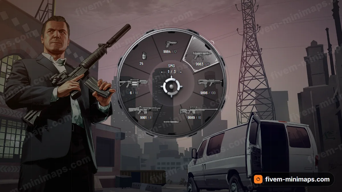 Tech Frame weapon wheel in the Stealth palette