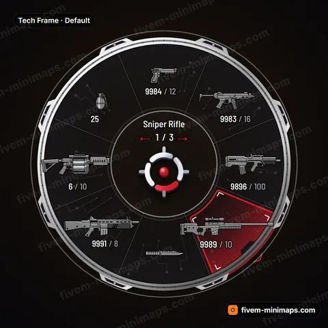 Tech Frame FiveM weapon wheel, machined frame, bolted brackets, circuit plate