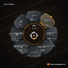 Titan FiveM-compatible weapon wheel, mech armor bays with hydraulic rams, hex bolts and warning stencils
