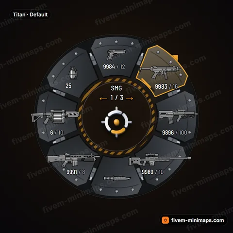 Titan FiveM weapon wheel, mech armor bays with hydraulic rams, hex bolts and warning stencils