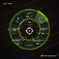 Toxic FiveM-compatible weapon wheel, containment tubes with fluid, hazard trefoils and caution striping