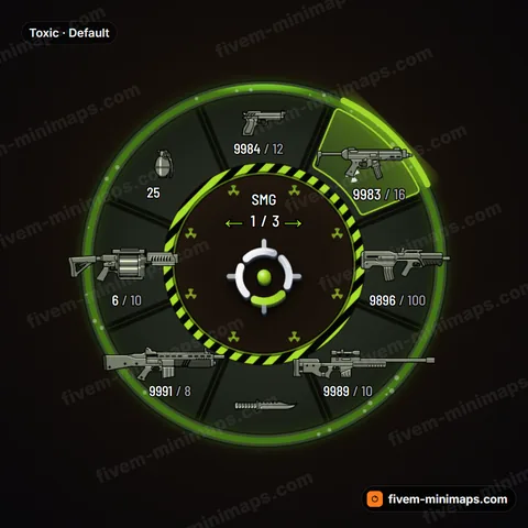 Toxic FiveM weapon wheel, containment tubes with fluid, hazard trefoils and caution striping