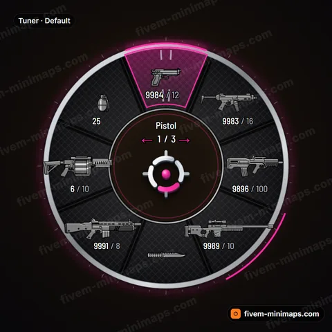 Tuner FiveM weapon wheel, street-tuned grille mesh, boost gauge ticks and underglow selection