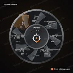 Turbine FiveM-compatible weapon wheel, fan blades in a bolted shroud with heat-tinted selection
