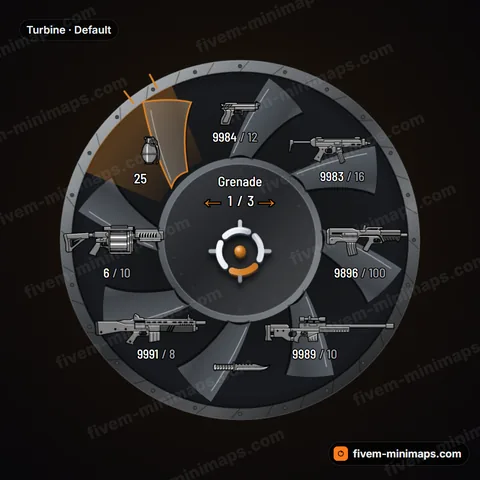 Turbine FiveM weapon wheel, fan blades in a bolted shroud with heat-tinted selection