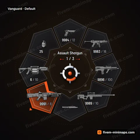Vanguard FiveM weapon wheel, arrowhead chevron segments, double-line armor and tip marker
