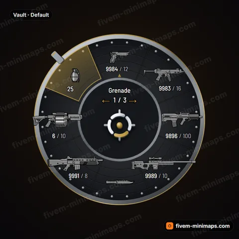 Vault FiveM weapon wheel, bank vault door with locking bolts, combination dial and gold trim