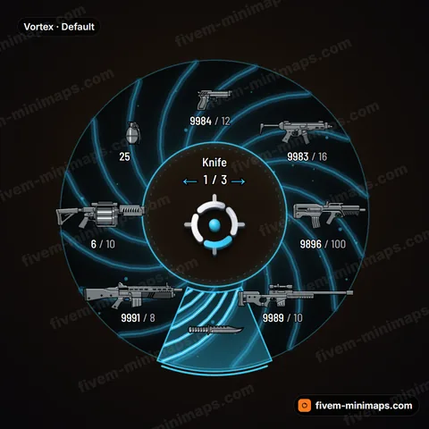 Vortex FiveM weapon wheel, spiral energy arms with motion streaks and a bright containment core